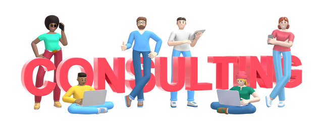Group of young multiethnic successful people with laptop, tablet, phone and word consulting on white background. Horizontal banner cartoon character and text website slogan. 3D rendering.