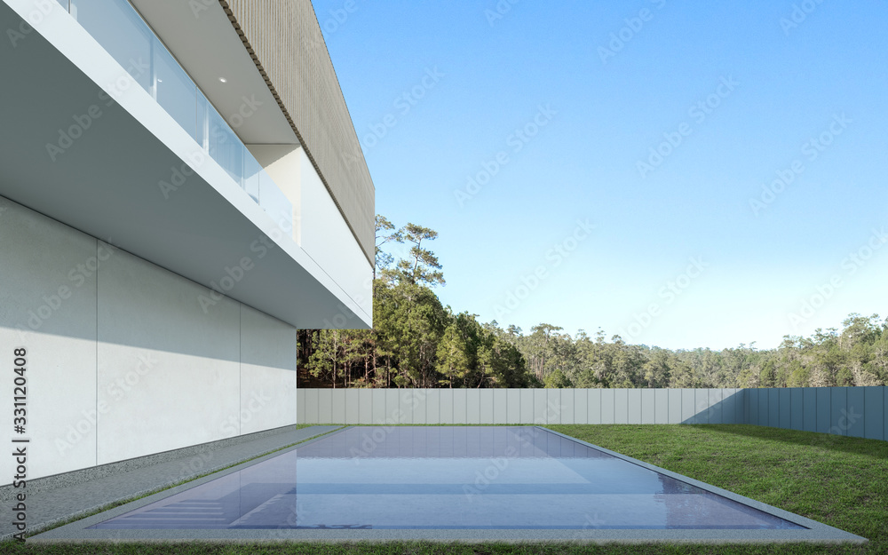 Poster Perspective of luxury modern house with swimming pool in day time on nature background, Idea of minimal architecture design. 3D rendering.