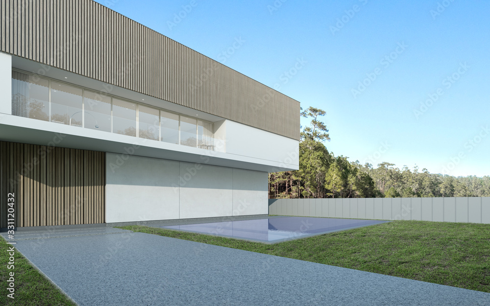 Poster Perspective of luxury modern house with swimming pool in day time on nature background, Idea of minimal architecture design. 3D rendering.
