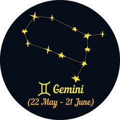 vector illustration, zodiac signs in a blue circle, constellation and date - gemini
