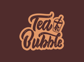 Bubble tea emblem, logo. Badge, sticker on chocolate background isolated.