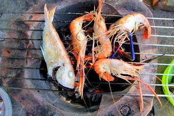 Grilled River Prawn on the toaster,Grilled River Prawn seafood Thailand.
