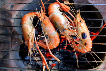 Grilled River Prawn on the toaster,Grilled River Prawn seafood Thailand.
