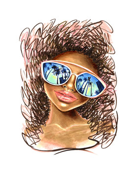 African-American girl with big glasses, curly hair. Fashionable, summer portrait. The illustration is drawn with markers and pencils. Can be used as a print on a t-shirt, in advertising accessories.
