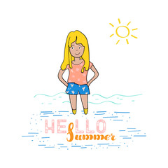 Cute summer beach girl. Hello summer slogan. Vector illustration for t-shirts , postcards and printed products.