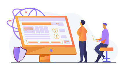 Developers testing software. Man with laptops watching infographics, fixing bugs, using computer. Vector illustration for application, programming, coding concept