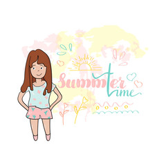 Cute summer beach girl. Hello summer slogan. Vector illustration for t-shirts , postcards and printed products.