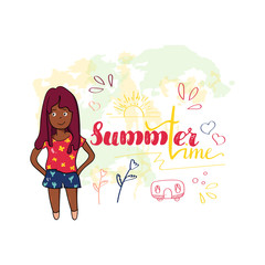Cute summer beach girl. Hello summer slogan. Vector illustration for t-shirts , postcards and printed products.