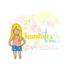 Cute summer beach girl. Hello summer slogan. Vector illustration for t-shirts , postcards and printed products.