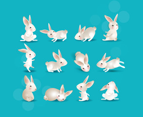 Fototapeta premium Set of 12 cute white hares in different poses on blue background. For Happy Easter greeting cards, festive banners, birthday invitation, characters for children, design elements. Vector illustration.