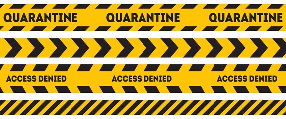 Yellow and black warning line. Caution and danger tapes. Quarantine. Access denied