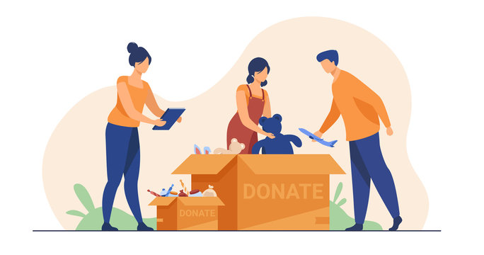 Volunteers packing donation boxes. People donating toys, foods, sweets. Vector illustration for charity, welfare, assistance concept