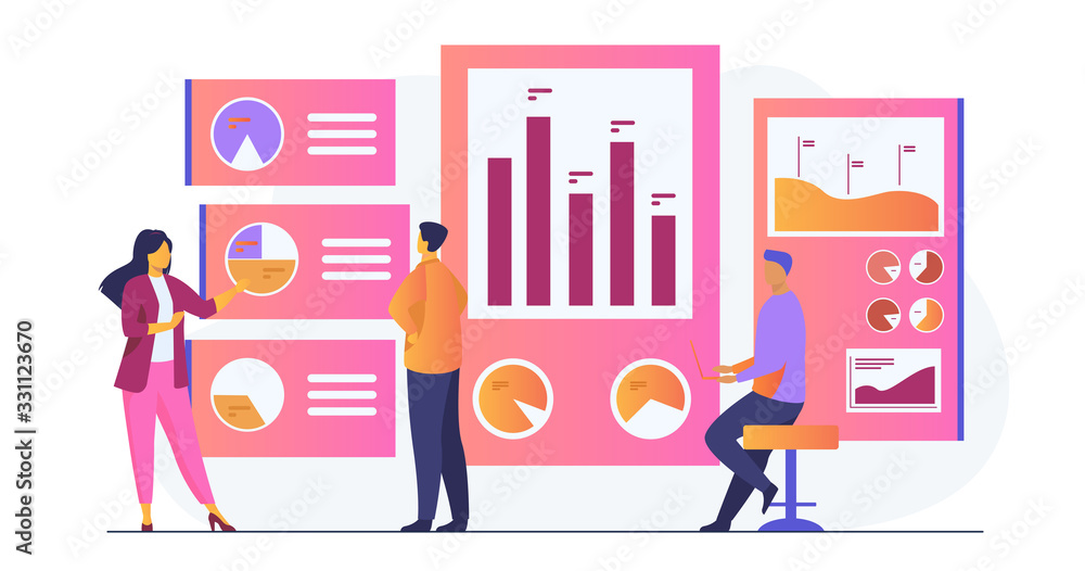 Poster office workers analyzing and researching business data vector illustration. marketing analysts devel