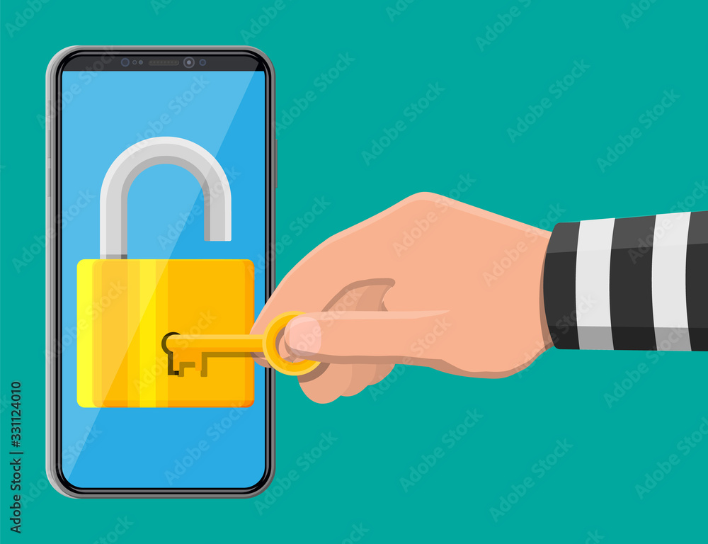 Poster thief or hacker hand use key to open smartphone. hack, cyber security network concept. phone with pa