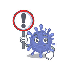 Cheerful cartoon style of biohazard viruscorona holding a sign