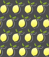 Seamless pattern with gradient yellow lemon and green leaf on pastel pink background. Polka dot texture. Vector stock for web, printing, textile and wallpaper. Summer and fresh mood