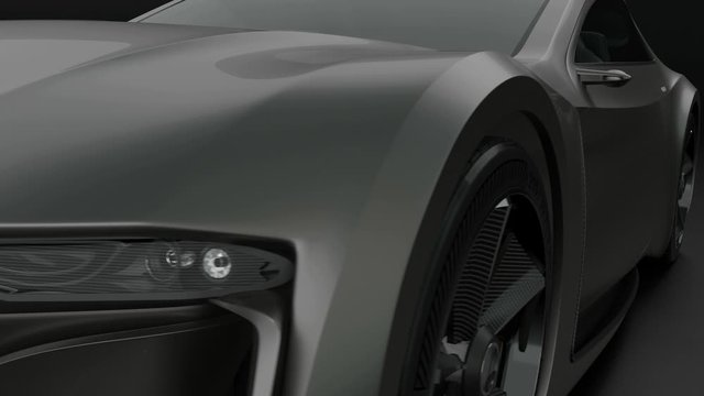 4 different camera angles of black electric sports car. Black background.  3D rendering animation.