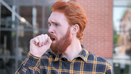 Sick Redhead Beard Young Man Coughing Outdoor