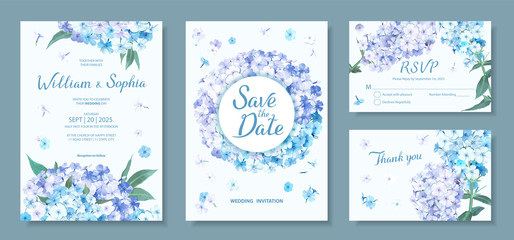 Fototapeta na wymiar Wedding invitation card template. Floral design with blooming flowers of light-blue and violet Phloxes, green leaves. Vector illustration in delicate pastel palette