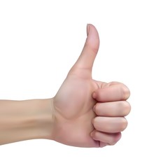 Thumb up sign. Female hand on a white background shows like. Realistic vector 3D illustration in EPS10 format.