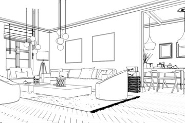 Raumadaptation: Wohnzimmer (Zeichnung) - 3d Illustration