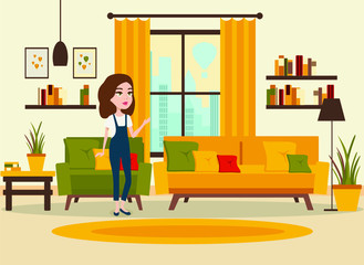 living room interior with a girl (sofa, armchair, bookshelves, table, houseplants, window, wardrobe, TV). Flat vector illustration of living room interior.