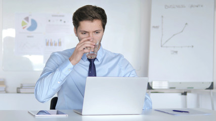 Fototapeta premium Young Businessman Drinking Water while Working on Laptop
