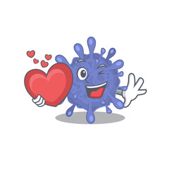 A romantic cartoon design of biohazard viruscorona holding heart