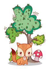 cute animals, little fox mushroom tree nature cartoon