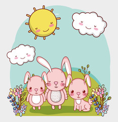 cute animals, adorable bunnies in grass with flowers cartoon