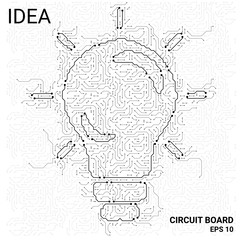 Circuit Board in the form of an idea. A microchip light background. High- tech vector illustration of an idea from microchips. Electronic Board on a white background.