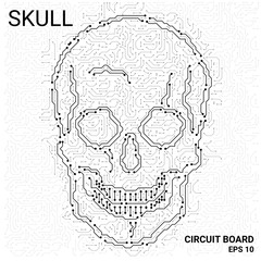 Circuit Board in the shape of a skull. Microchip skull background. High- tech vector illustration of a skull made of microchips. Electronic Board on a white background.