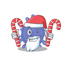 Friendly biohazard viruscorona in Santa Cartoon character having candies