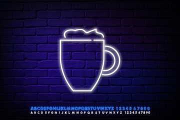 Fototapeta na wymiar Vintage Glow Signboard with a Cup of Coffee. Cafe Label. Cappuchino, Espresso, Americano Drink. Neon Poster, Flyer, Banner, Postcard, Invitation. Brick Wall. Vector 3d Illustration. Clipping Mask