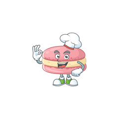 A picture of strawberry macarons cartoon character wearing white chef hat