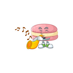 Strawberry macarons cartoon character playing music with a trumpet