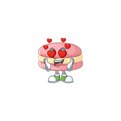 Romantic strawberry macarons cartoon character with a falling in love face