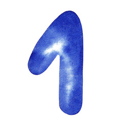 One, Number 1 in blue, hand written watercolor illustration