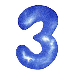 Three, Number 3 in blue, hand written watercolor illustration