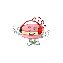 cartoon mascot design of strawberry macarons enjoying music