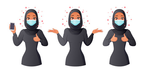 Muslim woman in mask showing smartphone screen, thumbs up and shrugging. Isolated vector illustration.