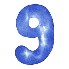 Nine, Number 9 in blue, hand written watercolor illustration