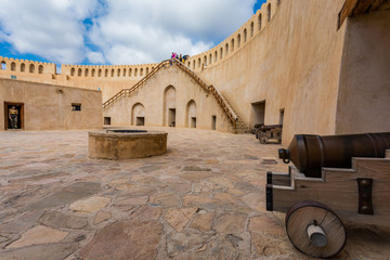 Nizwa Fort, City of Nizwa, Oman: details of fortifications and cannons. - Dec 2019.