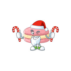 Friendly strawberry macarons in Santa Cartoon character with candies