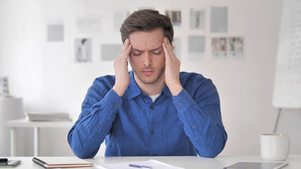 Headache, Tense Casual Adult Man with Head Pain at Work
