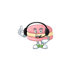 An attractive strawberry macarons mascot character concept wearing headphone