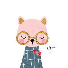 Cute pink cat with god glitter glasses. Trendy kids graphic. Vector hand drawn illustration.