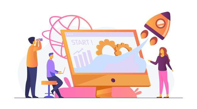 Team Starting Project. Workgroup Working On Startup, Launching Rocket From Monitor With Growth Chart. Vector Illustration For New Business Idea Concept