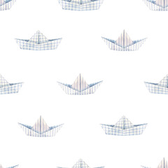 Beautiful seamless pattern with watercolor paper boats. Stock illustration.