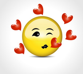 Happy face smiling kiss with love hearts emoticon button